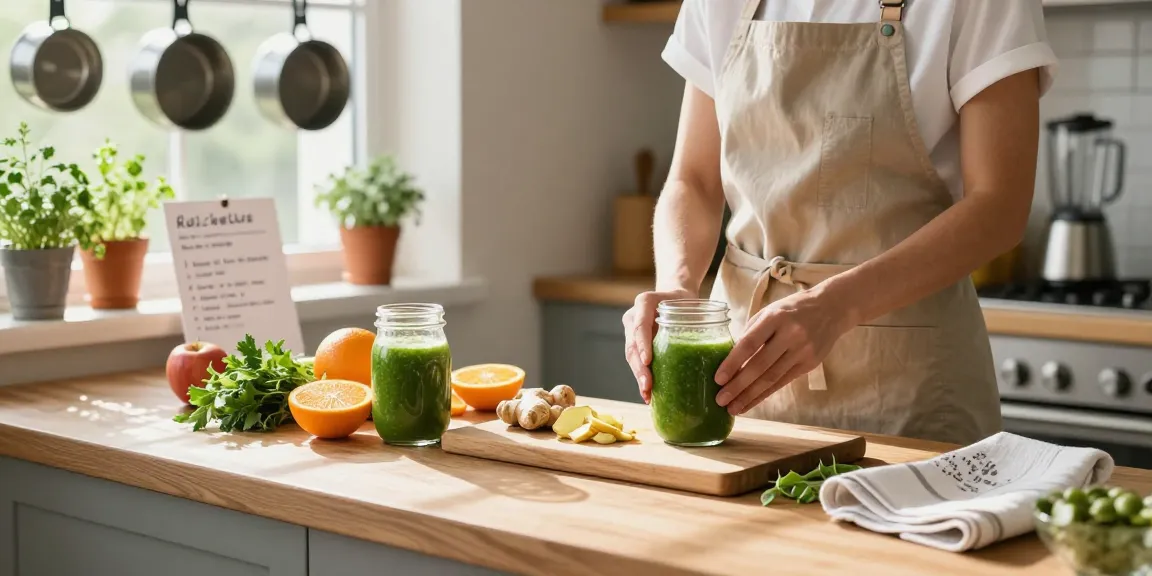 Refreshing erecsure health drink preparation with fresh ingredients in a bright kitchen.