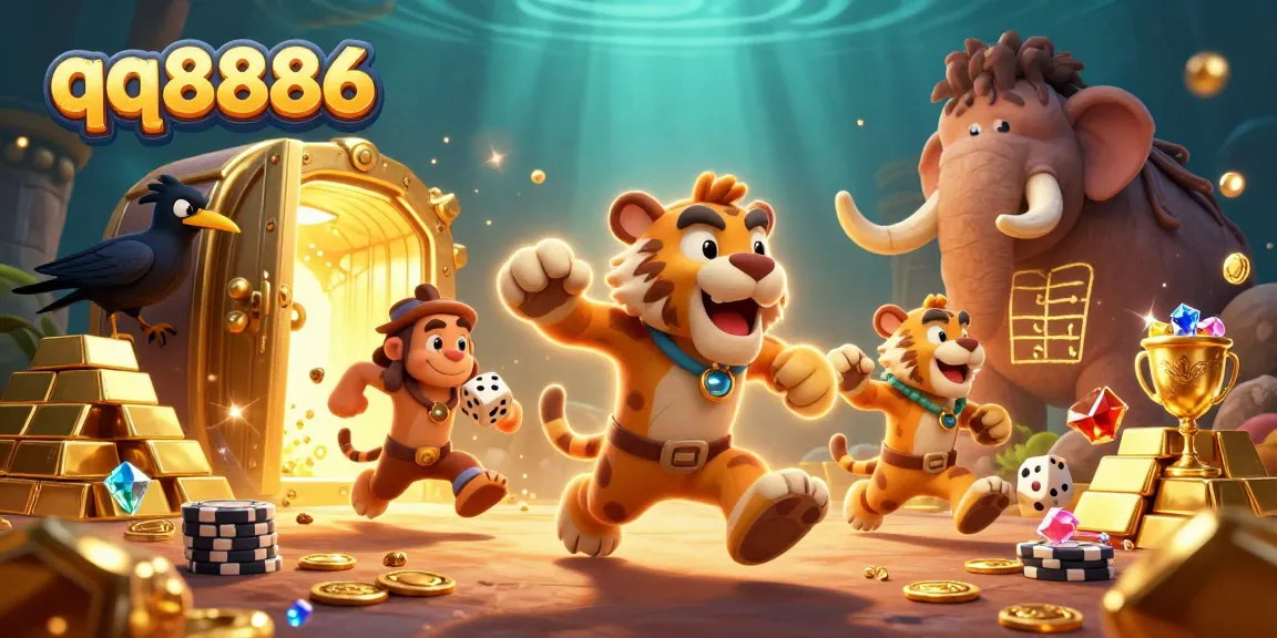 Experience the thrill of qq8886 with a dynamic prehistoric casino scene full of treasures.