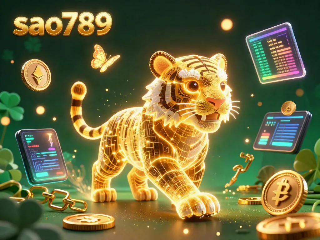 Sparkling scene where sao789 shines with a golden tiger and digital elements, showcasing the excitement of online gaming.