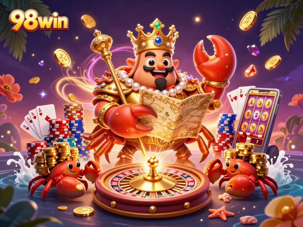 Experience thrilling games at 98win with a lively scene of a golden crab emperor and casino elements.