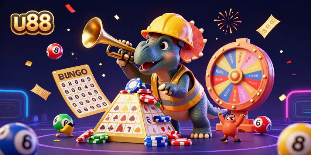 Experience excitement at u88 through a vibrant 3D illustrated celebration of gaming elements, featuring a cheerful triceratops and colorful dynamic casino tokens.