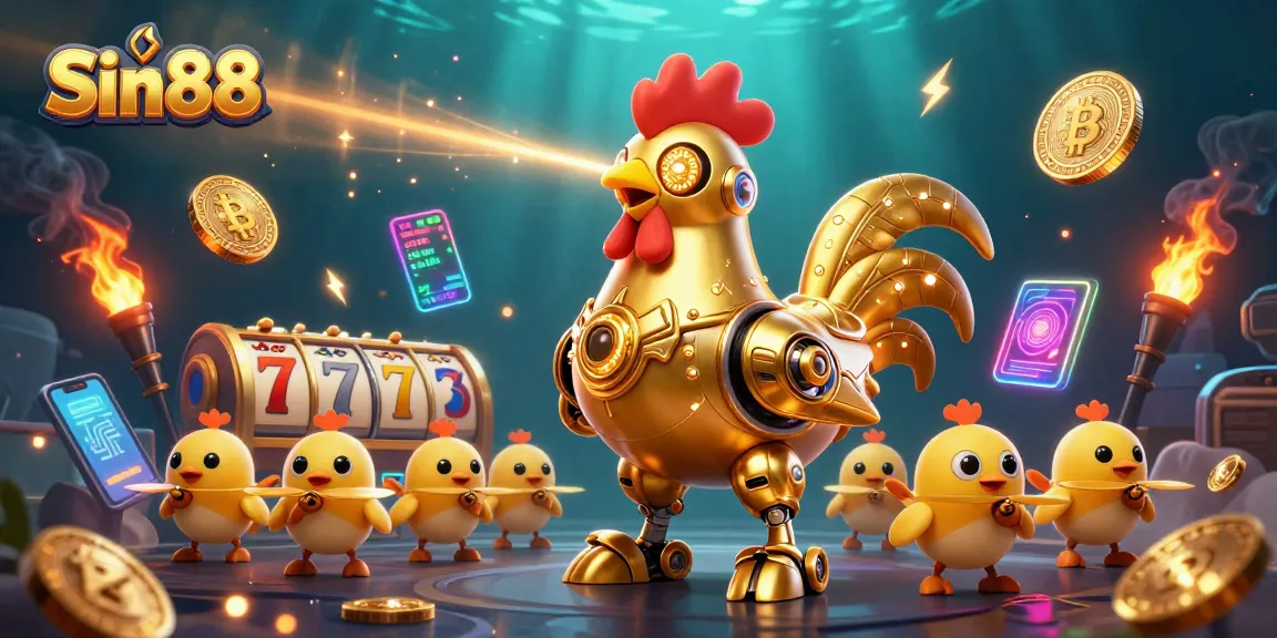 Sin88 showcases an exciting casino experience with a futuristic golden rooster robot and rich game elements.