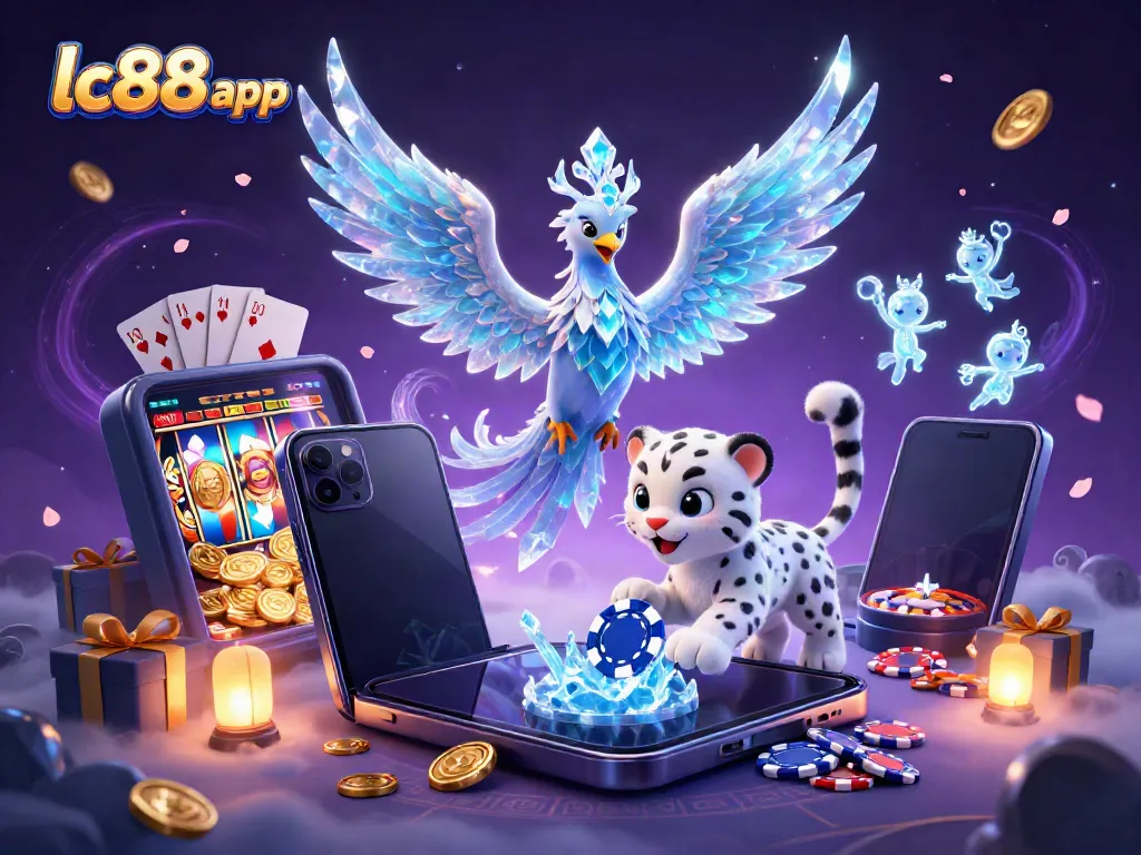 Engage with the lc88 app in a vibrant scene featuring an ice phoenix and casino elements.
