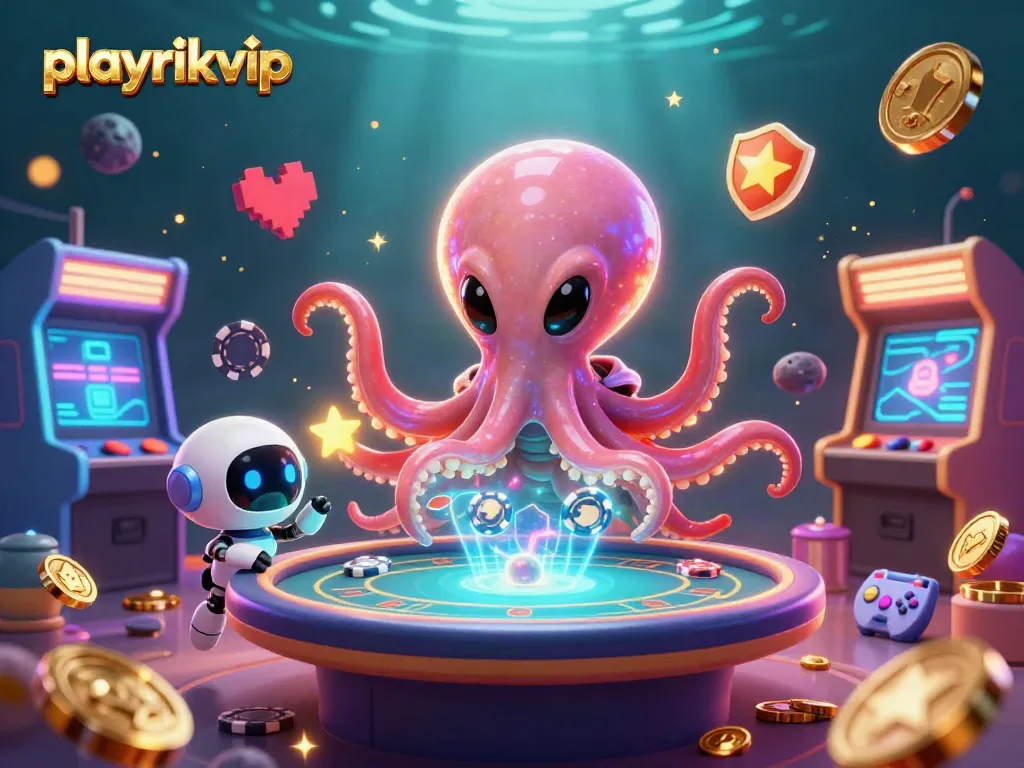 Engage with playrikvip at a holographic poker table, featuring vibrant casino elements and characters