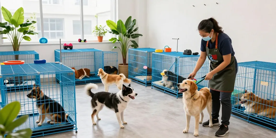 Pet boarding cages for sale in a welcoming grooming facility, showcasing happy dogs and a professional groomer.