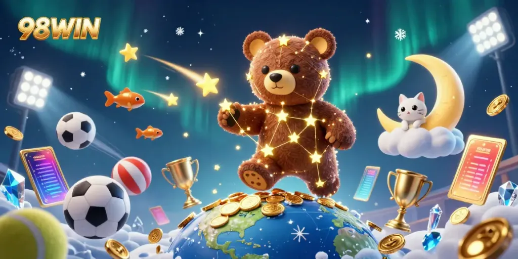 Experience 98WIN's vibrant gaming universe with a stellar constellation bear collecting coins amidst dynamic sports elements.