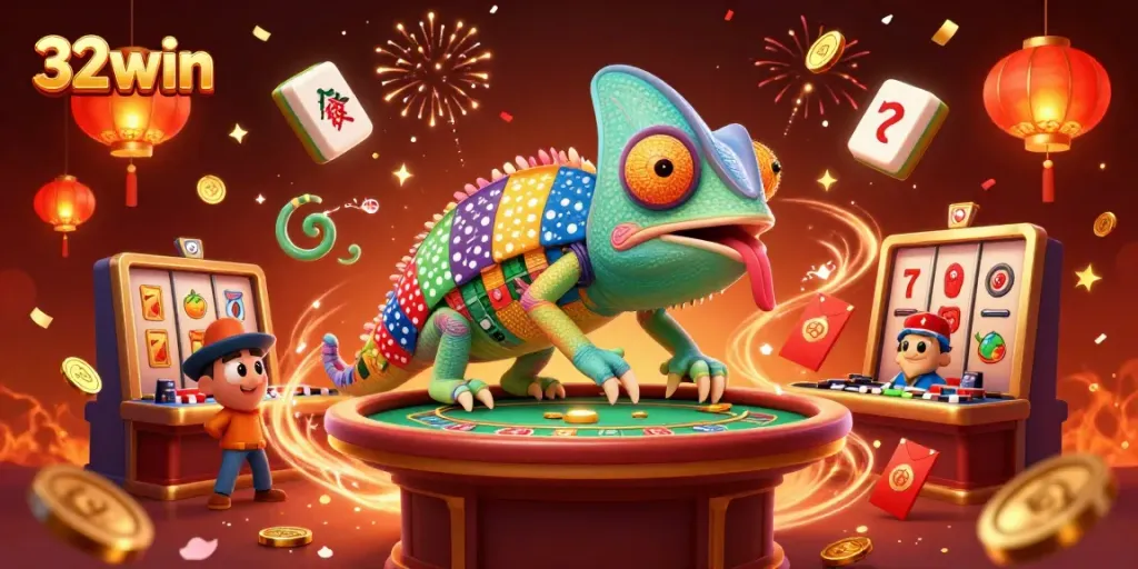 Engage with vibrant casino excitement at 32win, featuring dynamic chameleon casino imagery.