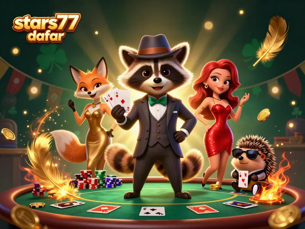 Gambarkan momen aksi di kasino dengan stars77 daftar, kartu dan chip poker mengelilingi karakter 3D menarik.