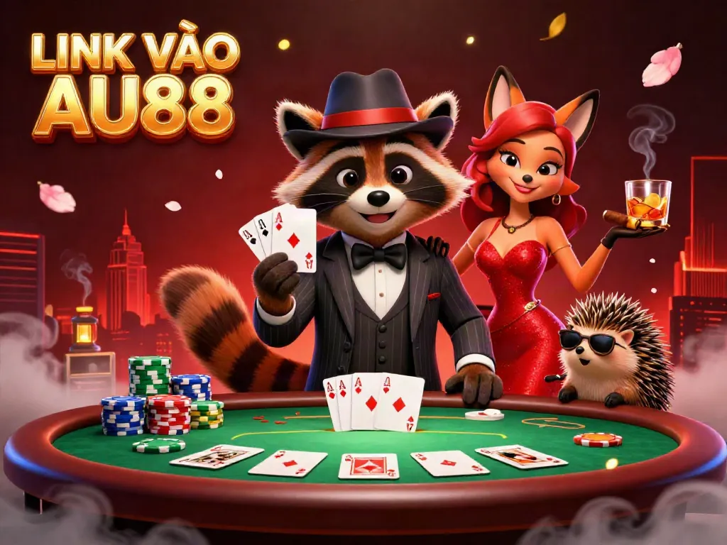 Experience the excitement of LINK VÀO AU88 in a vibrant casino scene with characters and poker elements.
