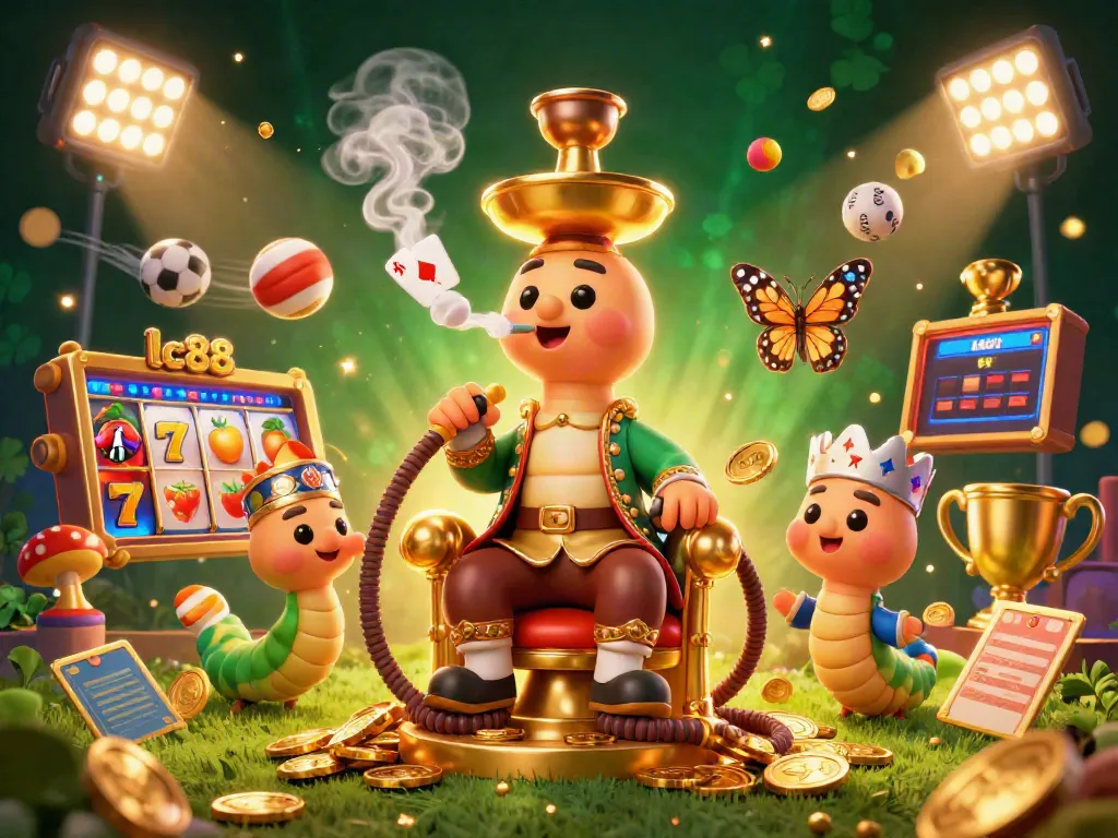 Engaging lc88 casino scene featuring a sultan caterpillar and vibrant slot game elements.