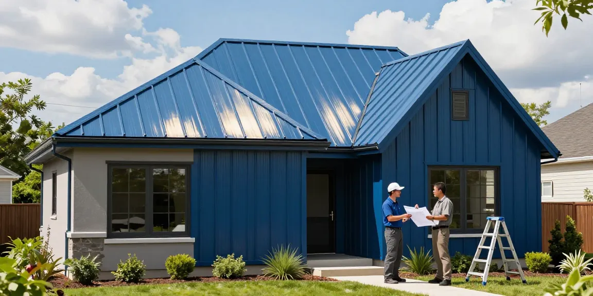 Installing standing seam metal roofing Ontario with sleek panels and contractor discussing design.