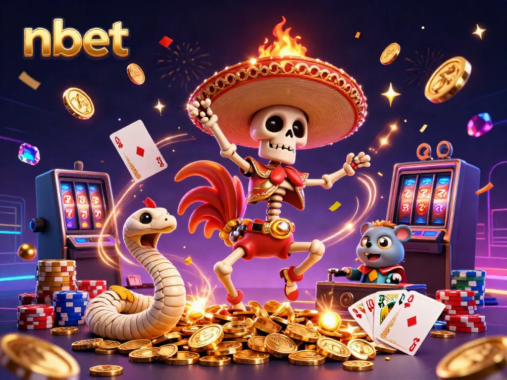 The 3D illustration showcases nbet with a joyful mariachi rooster dancing, coins flying, and vibrant casino themes.