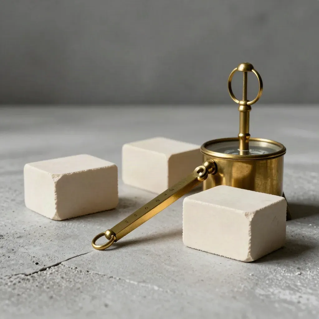Brass compass, paperweight, and three prompt blocks on concrete in a tense leadership drill still life.