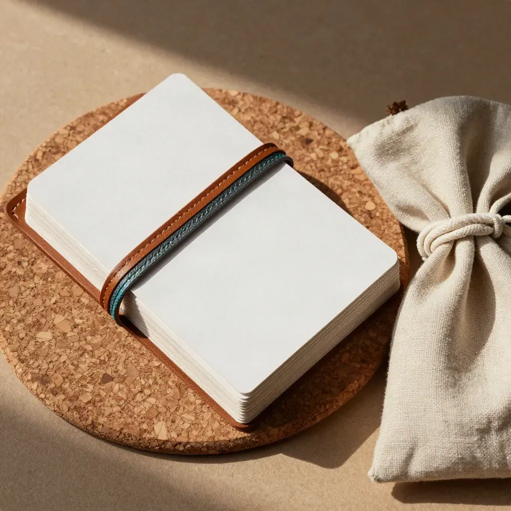 Overhead workshop kit with cards, braided bands, cork mat and cloth pouch on warm plaster.