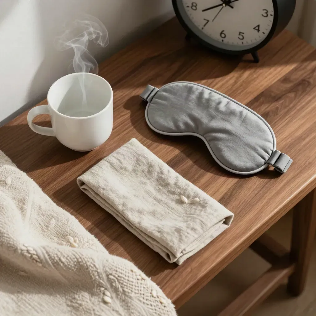 Top-down reset kit with steaming cup, linen band, eye mask and turned-away clock on walnut and linen.