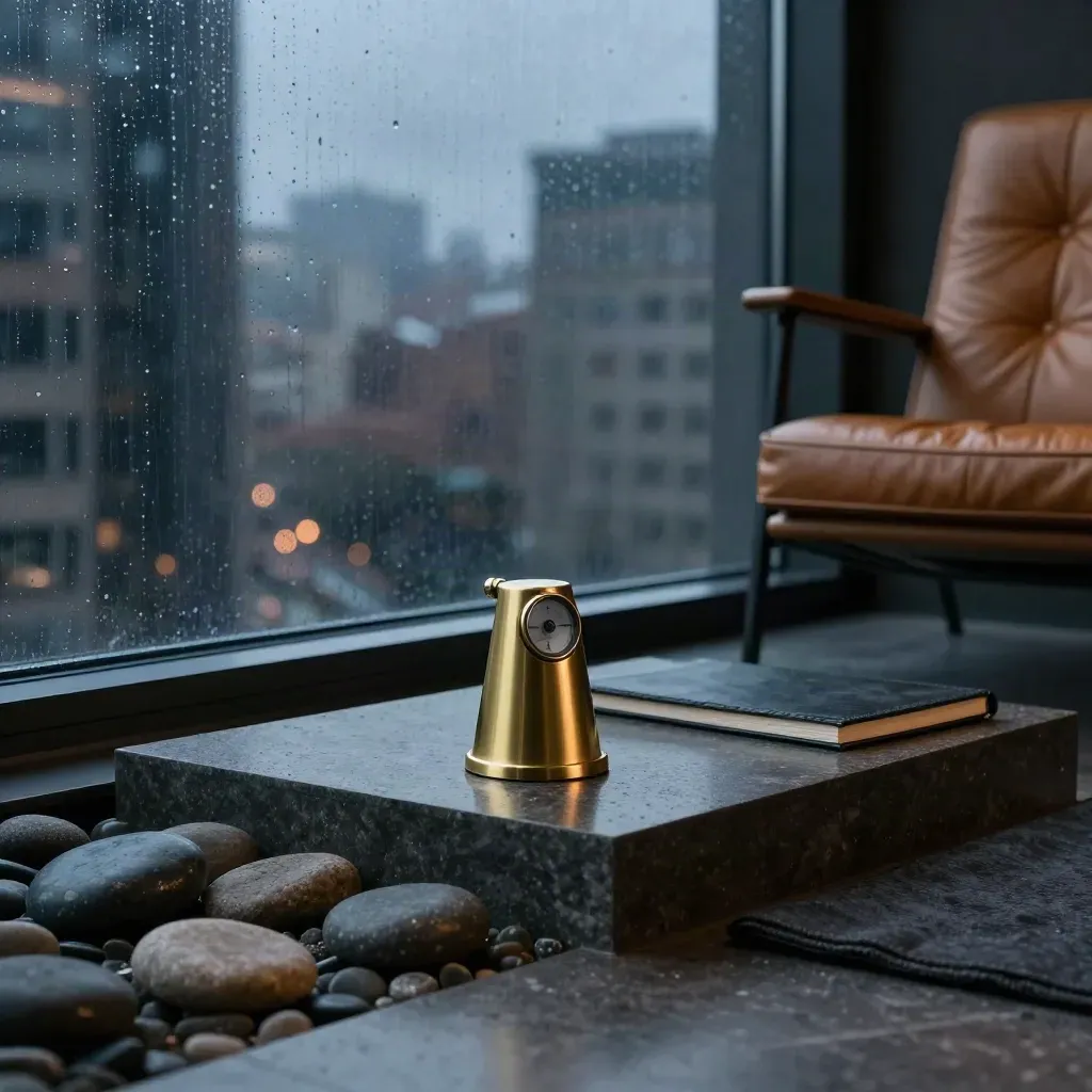 Brass breath timer, leather chair, mat, stones, and rain-darkened glazing in a calm coaching studio.
