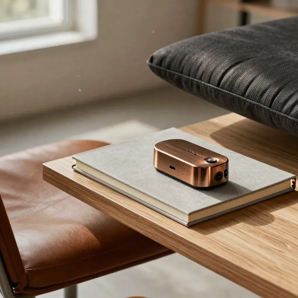 Macro of leather chair, balance cushion, bronze timer and closed notebook in a calm coaching studio