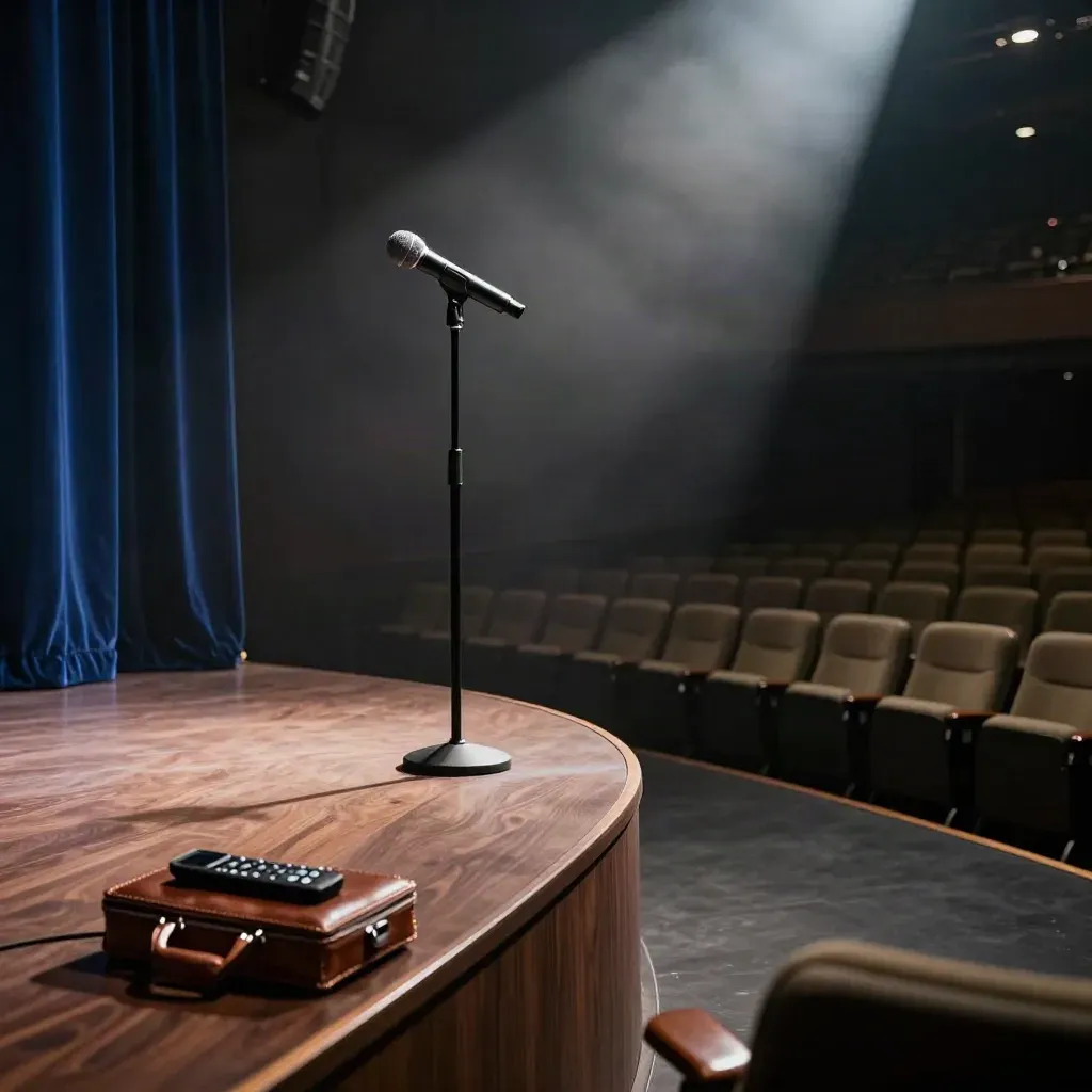 Empty auditorium stage with a microphone stand, spotlight haze, and a small keynote kit