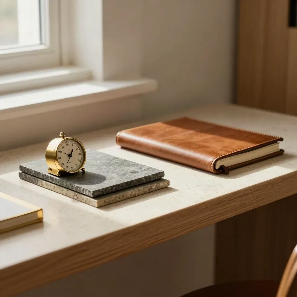 Brass timer, stacked stone samples, and leather folio on cream stone in warm window light.