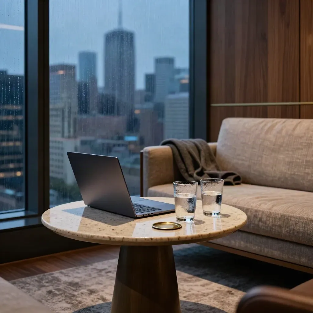 Quiet high-rise lounge with closed laptop, two water glasses, and blue skyline beyond rain-streaked glass.