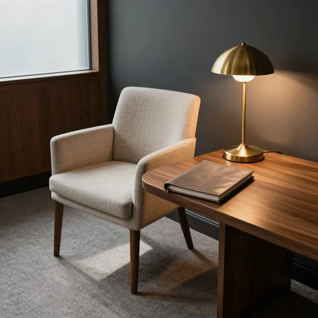 Warm conference nook with chair, closed folio, and glowing lamp in late-afternoon light.