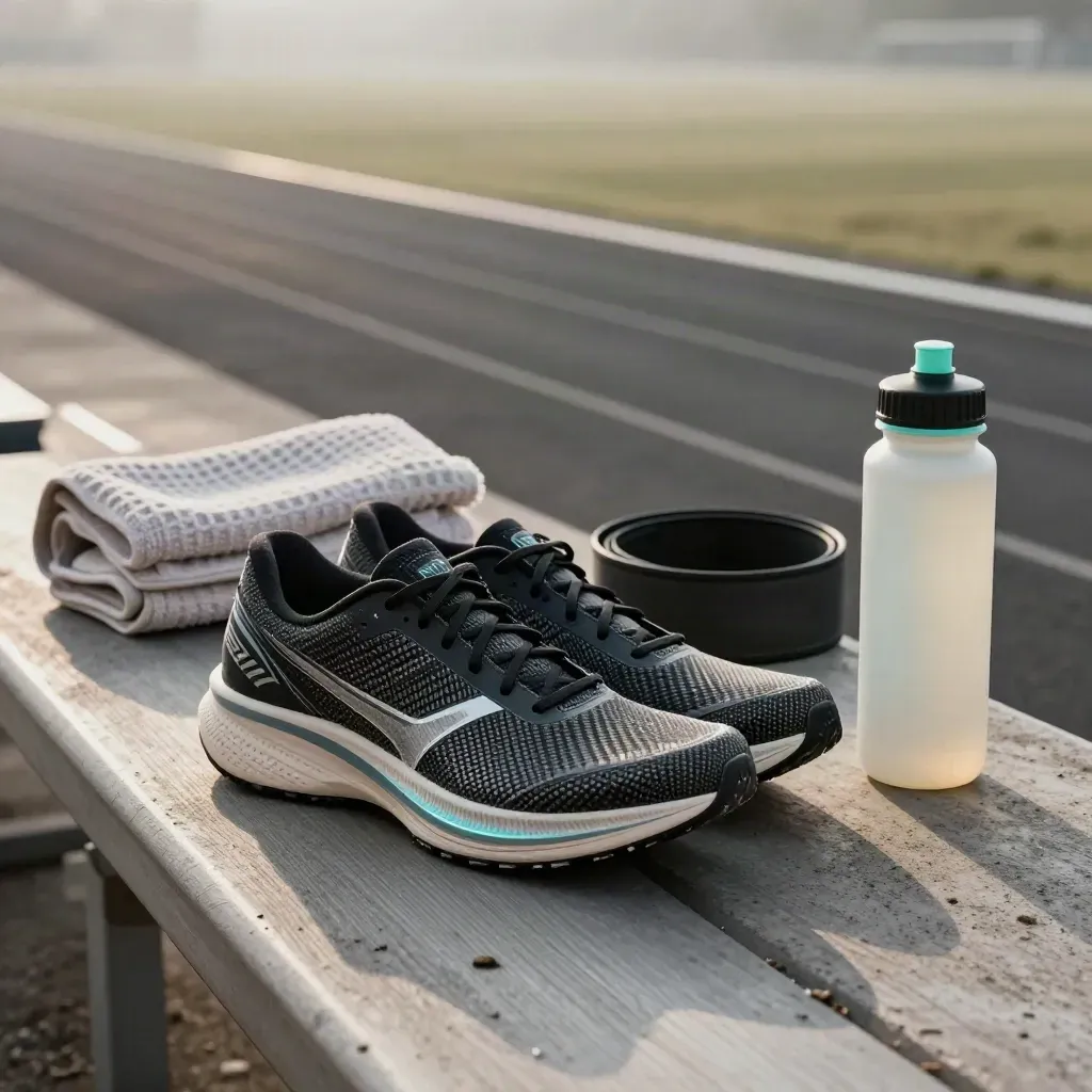Trackside race shoes, towel, belt, and bottle arranged in morning mist.