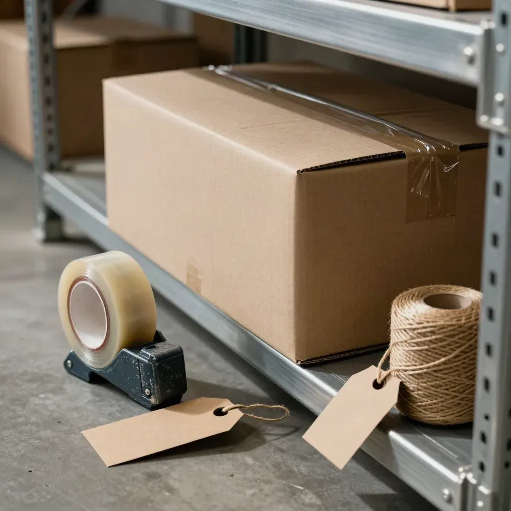 Sealed parcels and packing tools staged on a steel shelf, caught mid-slide in cool warehouse light.