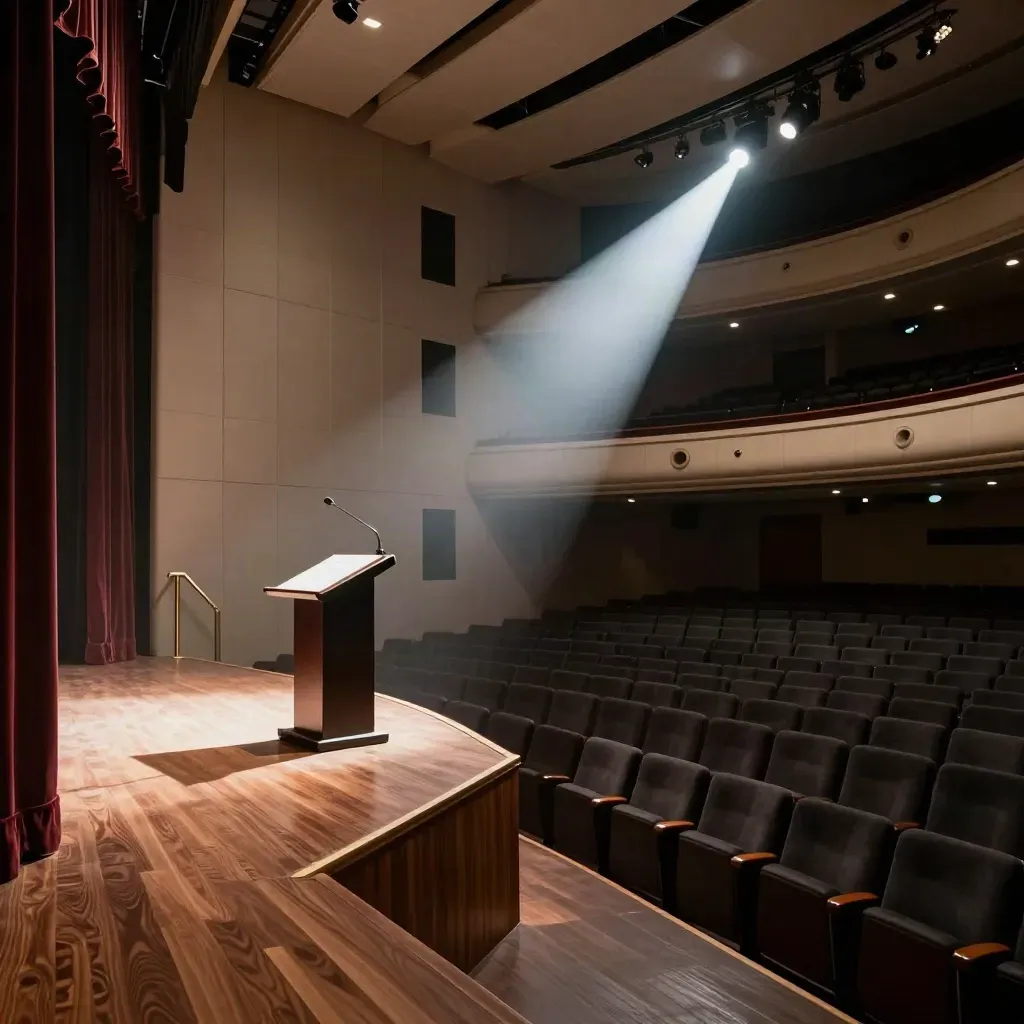 Empty theatre stage with lectern silhouette, white spotlight beam, and dark seats after a keynote.