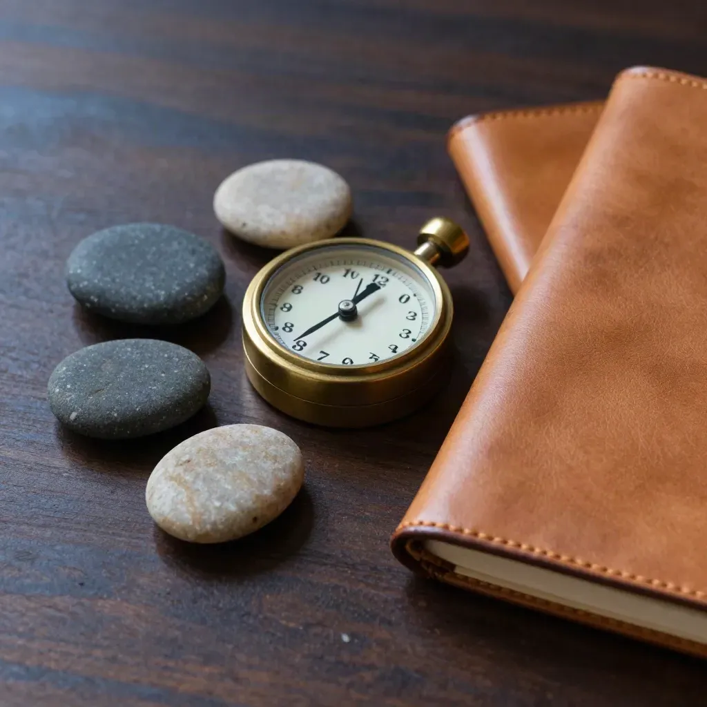 Brass breath timer, river stones, and a closed leather notebook on dark walnut in raking light.