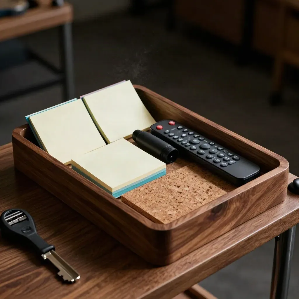 Workshop tray with tabs, marker cap, clicker and cork mat on a walnut cart in dramatic side light.