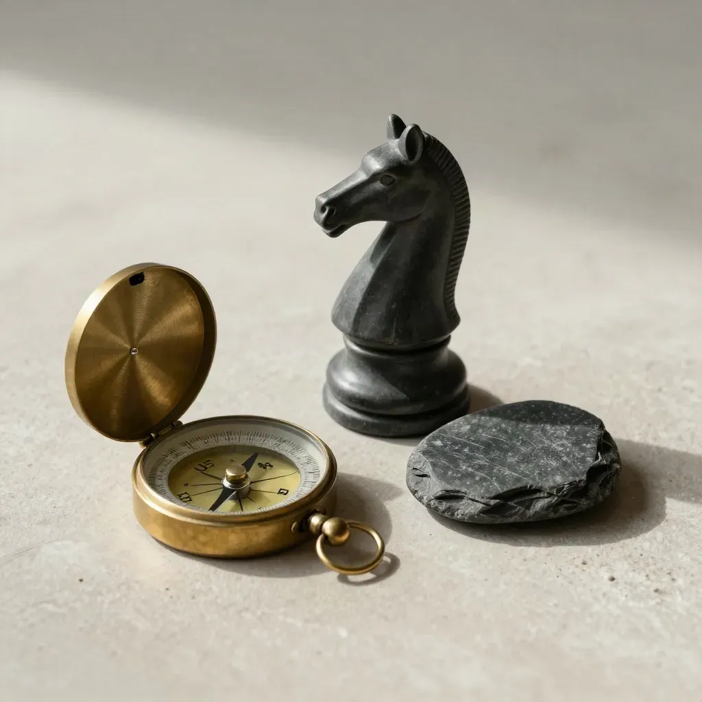 Brass compass, chess knight, and slate stone on pale plaster in dramatic side light.