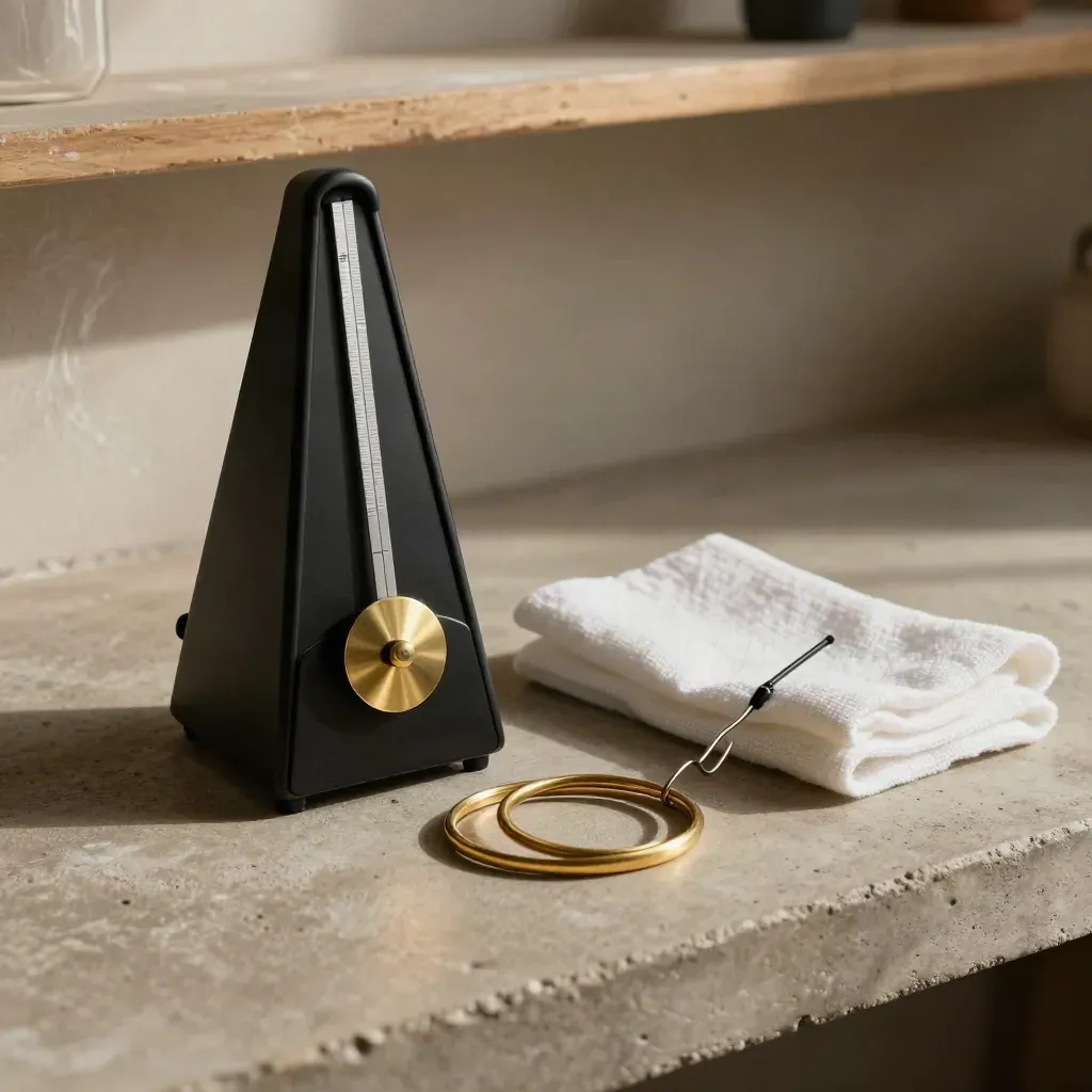 Metronome, steel clip, and brass rings on warm concrete under soft side light.