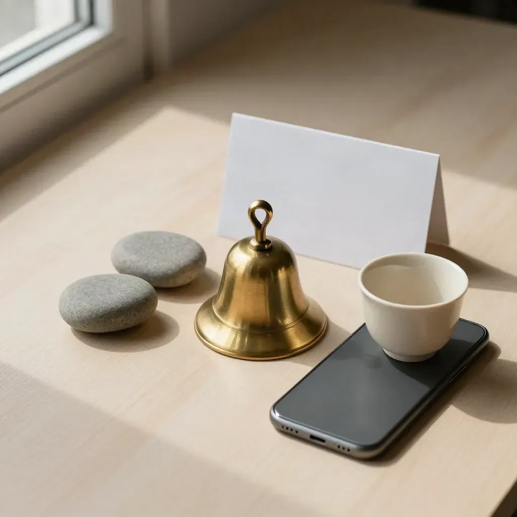 Brass bell, listening stones, cup and closed phone on pale wood in soft side light.