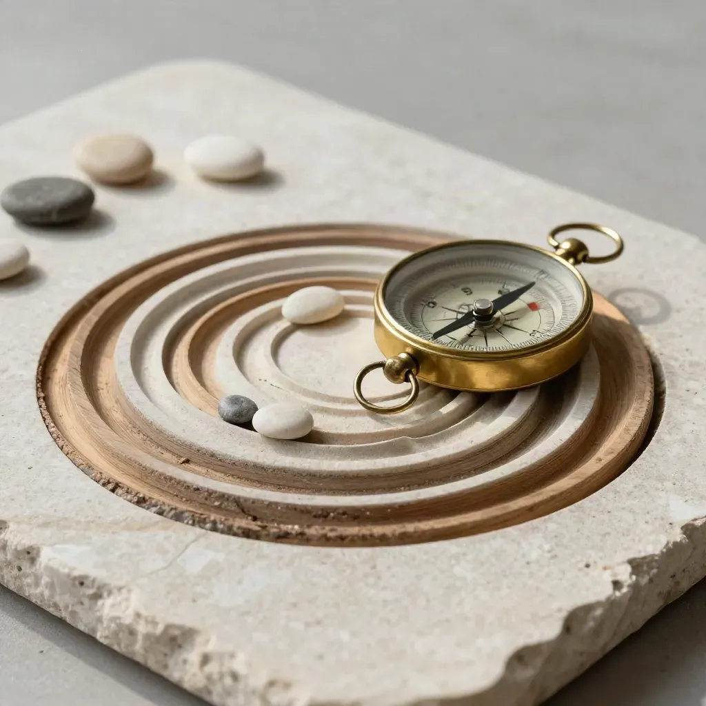 Brass compass, wood rings, and pebbles form a contour on pale stone in soft side light.