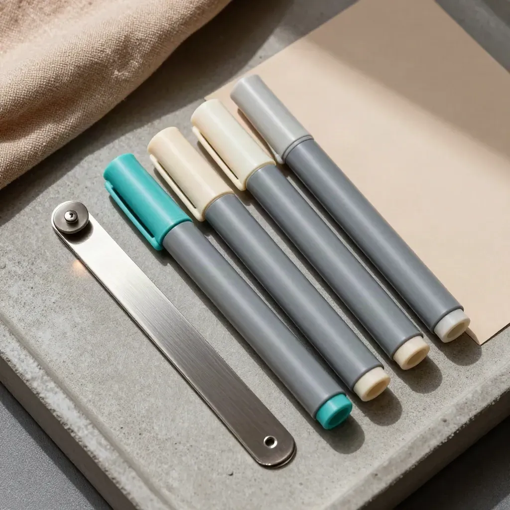 Overhead still life of tabs, steel clip, and markers on concrete with putty linen and teal accent.