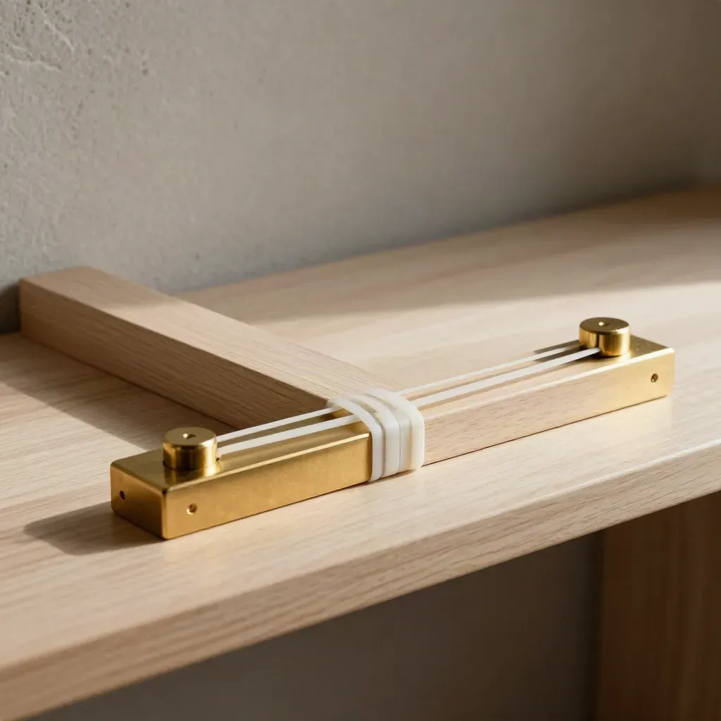 Brass sliders, a rubber band loop, and a calibration weight on pale wood