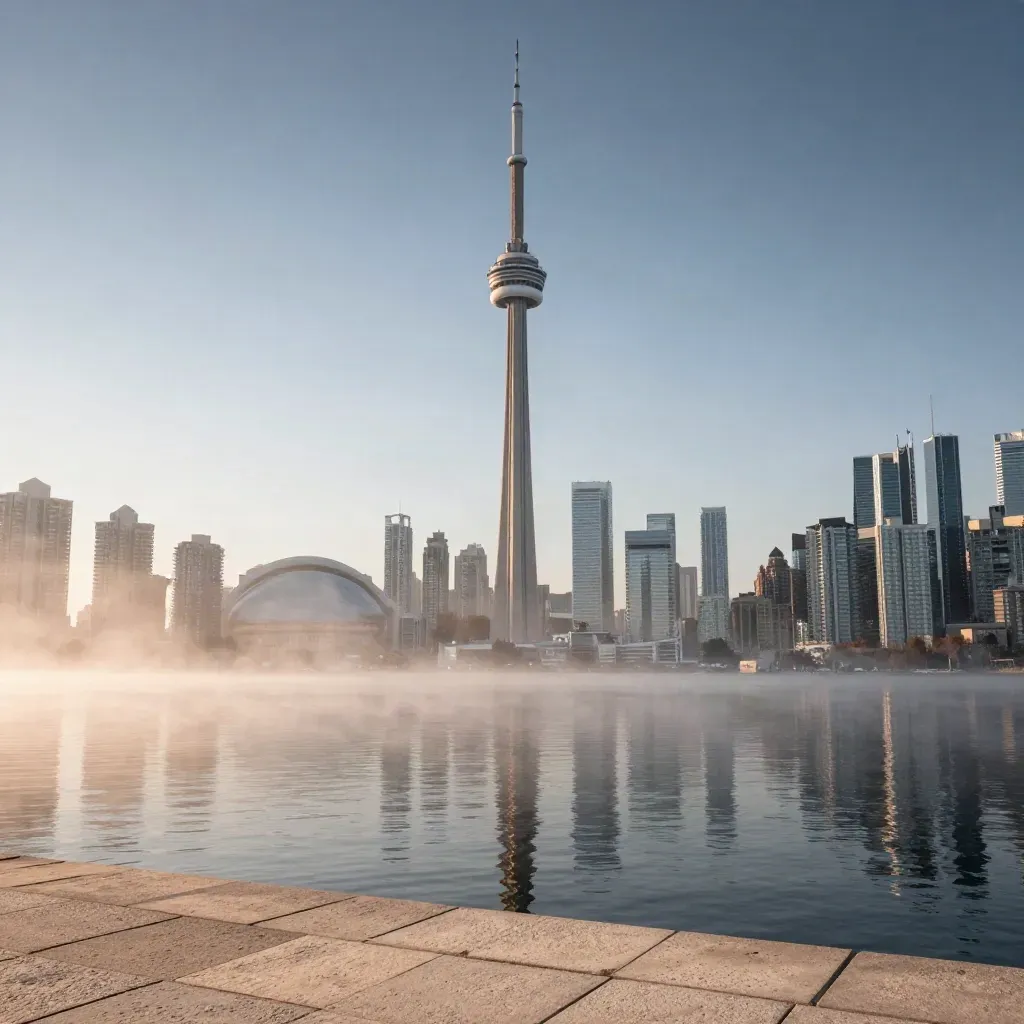 Toronto skyline and CN Tower lifting from dawn mist over calm lake water