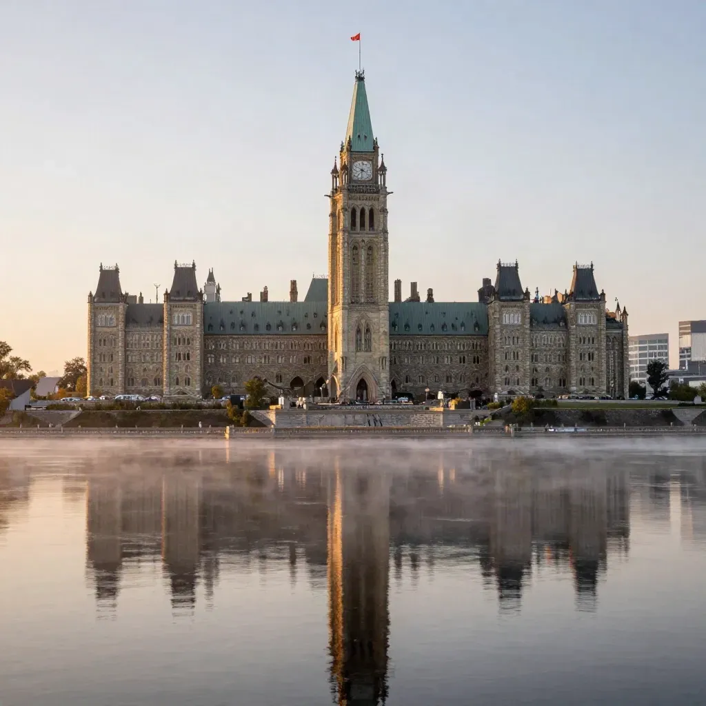 Ottawa River with Parliament Hill and the Peace Tower in warm morning haze above calm water.
