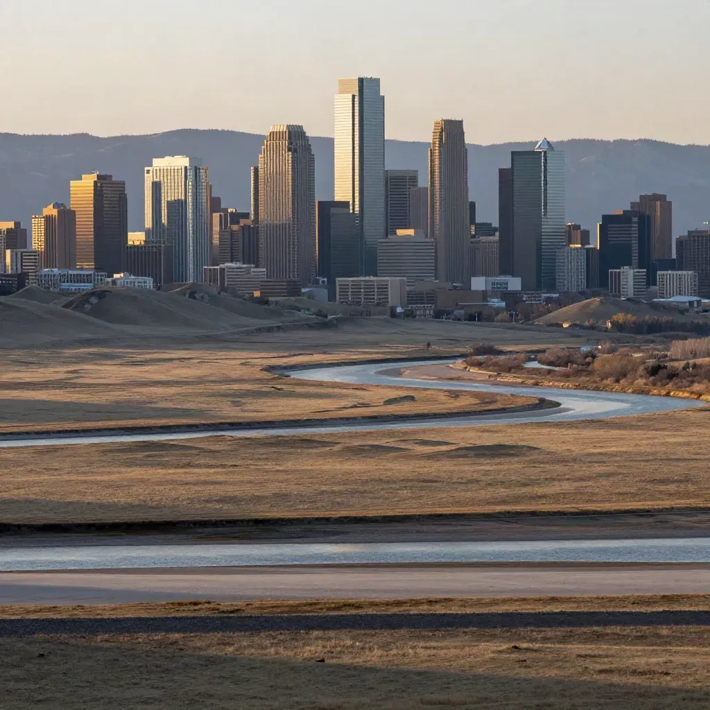 Calgary skyline over foothills and a wide river valley at sunset.