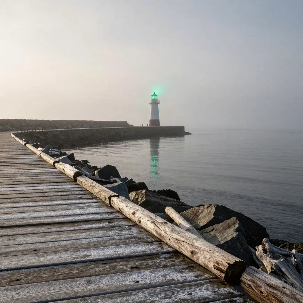 Foggy Atlantic harbour with dock planks, distant lighthouse, and calm dark water.