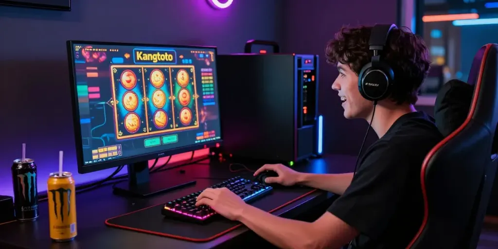 Pemain Kangtoto menikmati gaming dengan monitor modern dan peralatan canggih di ruangan yang cerah.