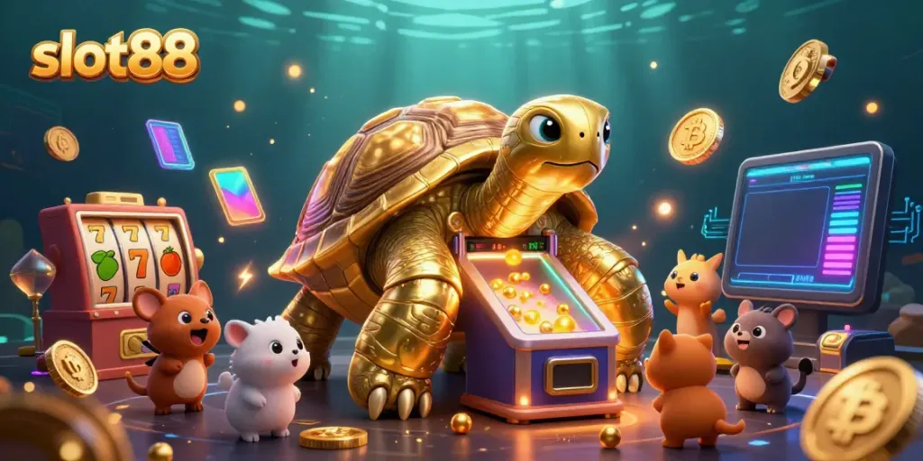 Experience thrill at slot88 with golden tortoise pinball machine and vibrant lucky symbols.