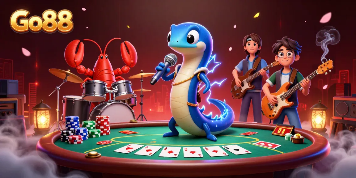 Go88 showcases an electric eel DJ spinning alongside a lobster drummer in an electrifying underwater casino setting.