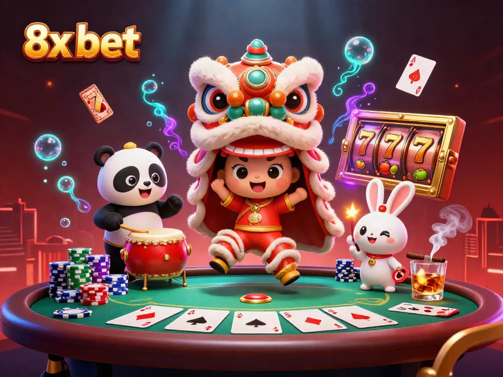 Poker and slot game scene featuring the lively characters of 8x bet engaging in action.