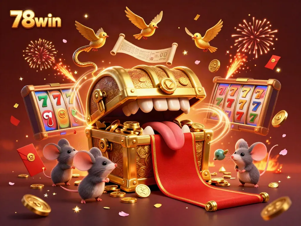 Play slots and win at 78win! A vibrant illustration of a treasure chest drawing adventurer mice with golden rewards.