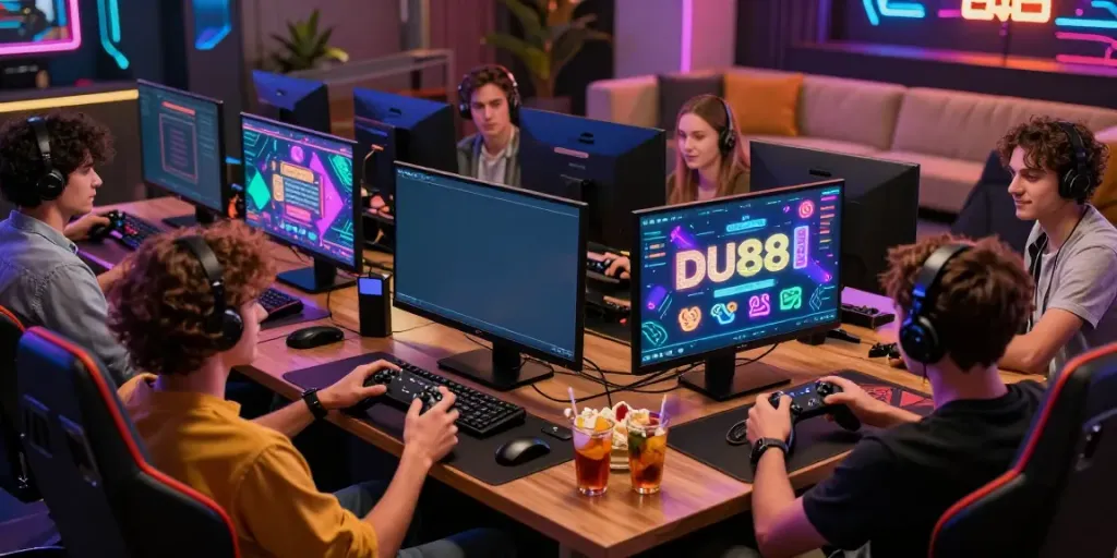 Group enjoying an interactive gaming experience at DU88.