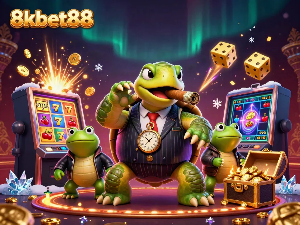 Experience the thrill of 8xbet88 with a vibrant casino scene featuring a turtle mobster and dynamic elements.