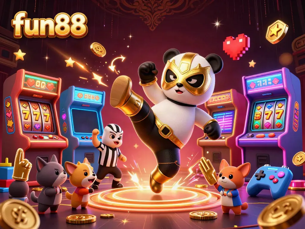 Engage with fun88 at the colorful casino scene featuring a panda wrestler amid dynamic gaming elements.