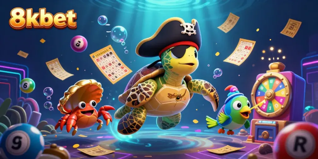 Experience thrilling moments with 8xbet's colorful lottery balls and charming pirate-themed characters in a dynamic casino scene.