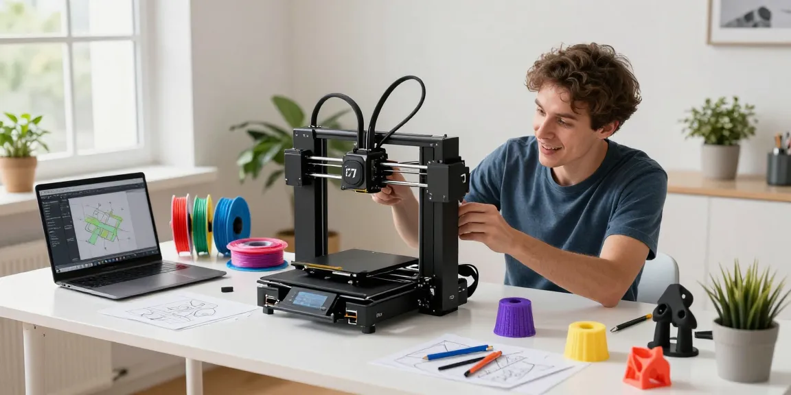 Beginner setting up the SPARKX i7 3D printer in a vibrant home workspace, ideal for the best beginner 3D printer experience.